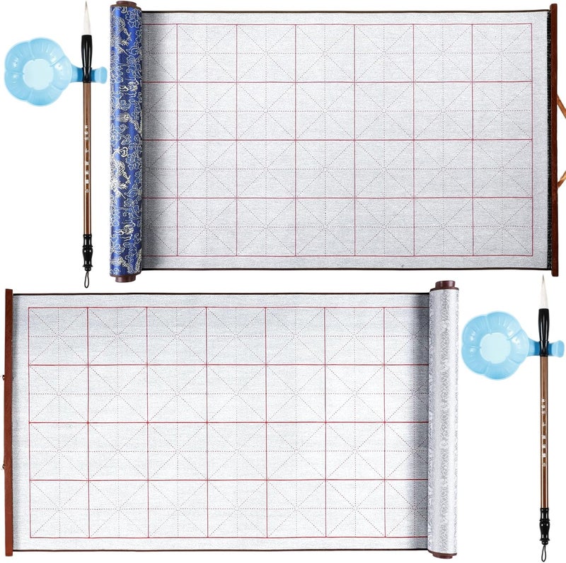 Jaloro 6 Pcs Chinese Calligraphy Cloth Set Magic Writing with Water Canvas No Ink Scroll Canvas Reusable Calligraphy Practice Kit with Brush Pen Plastic Dish Gift for Beginners Home School - Image 1